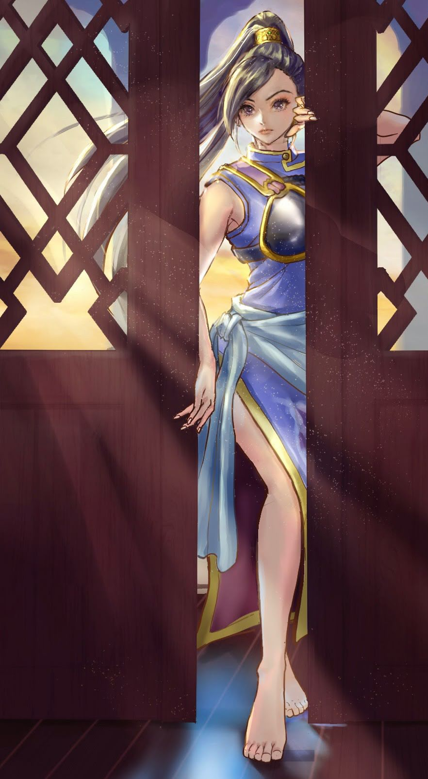 1girl armor barefoot blue_sash breastplate china_dress chinese_clothes closed_mouth commentary_request dragon_quest dragon_quest_xi dress gold_trim hair_tubes high_ponytail highres martina_(dq11) official_alternate_costume opening_door ponytail purple_dress purple_eyes purple_hair sariyu_(user_cjpu8287) sash single_hair_tube sky solo sunset wooden_floor yellow_sky