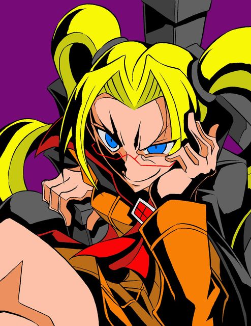 1girl 2012 akatsuki_blitzkampf arm_support black_cape blonde_hair blue_eyes cape chair crossed_legs dress evil_smile glasses hand_on_own_face long_hair long_sleeves mycale orange_dress red_neckwear sitting smile solo twintails yoshitsuki