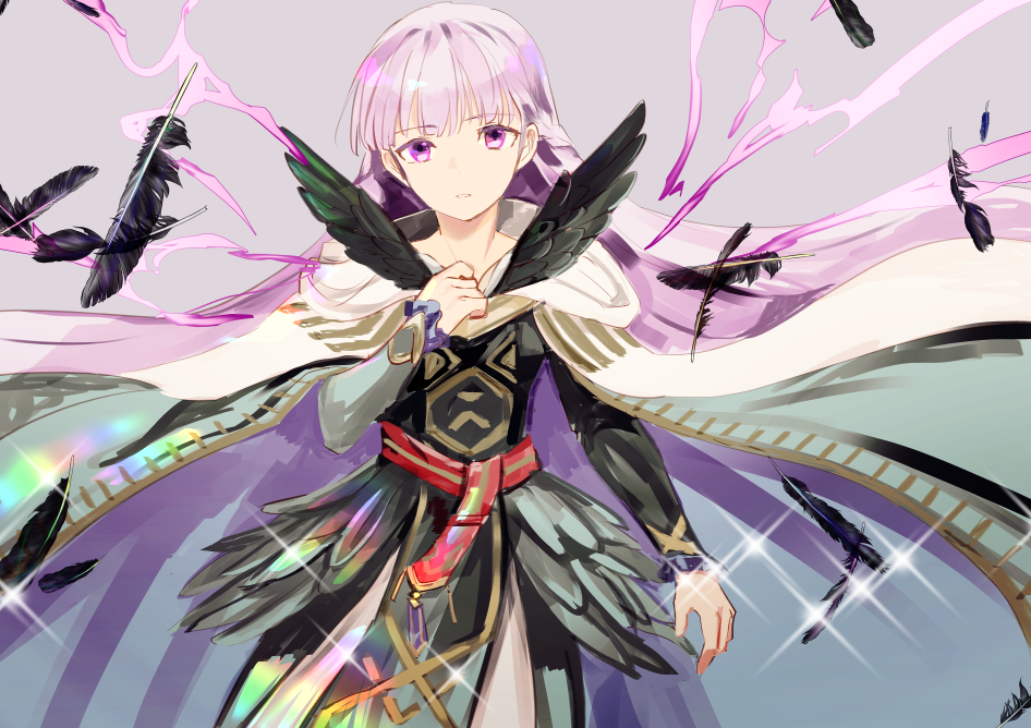 1girl black_feathers cape dress feather_trim feathers fire_emblem fire_emblem:_the_binding_blade fire_emblem_heroes long_dress long_hair nintendo official_alternate_costume purple_eyes purple_hair shoochiku_bai solo sophia_(fire_emblem) sophia_(resplendent)_(fire_emblem) very_long_hair