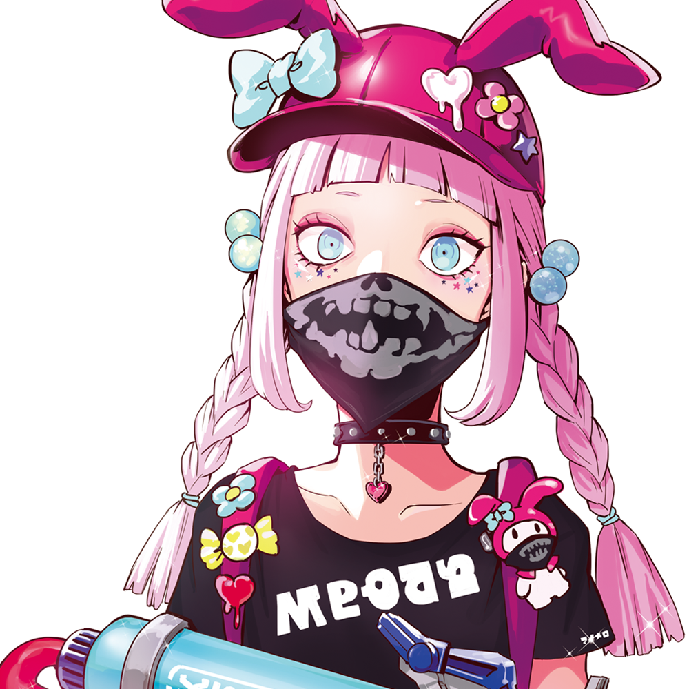 1girl animal_ears aqua_eyes bandana bandana_over_mouth black_shirt blue_flower blunt_bangs bow bracelet braid candy commentary_request decora dripping flower food hat hat_bow jewelry looking_at_viewer my_melody nintendo onegai_my_melody personification pink_flower pink_hair puppeteer7777 rabbit_ears sanrio shirt shoes short_sleeves shorts sidelocks simple_background skull_print solo sparkle splatoon_(series) splattershot_pro_(splatoon) star_(symbol) star_print twin_braids upper_body water_gun white_background wrapped_candy