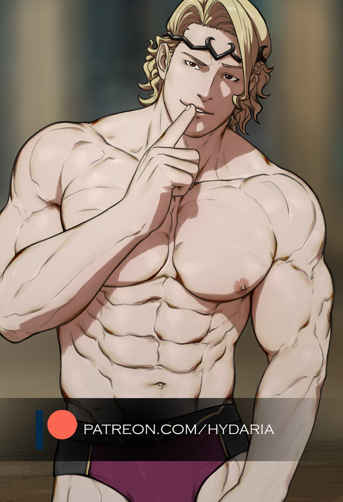 1boy abs alternate_muscle_size bara black_male_underwear blonde_hair briefs bulge cowboy_shot finger_to_mouth fire_emblem fire_emblem_fates hand_up hydaria large_pectorals looking_at_viewer male_focus male_underwear mature_male multicolored_male_underwear muscular muscular_male navel nintendo nipples paid_reward_available pectorals purple_male_underwear seductive_smile short_hair shushing sideburns smile solo standing stomach tiara topless_male underwear watermark xander_(fire_emblem)