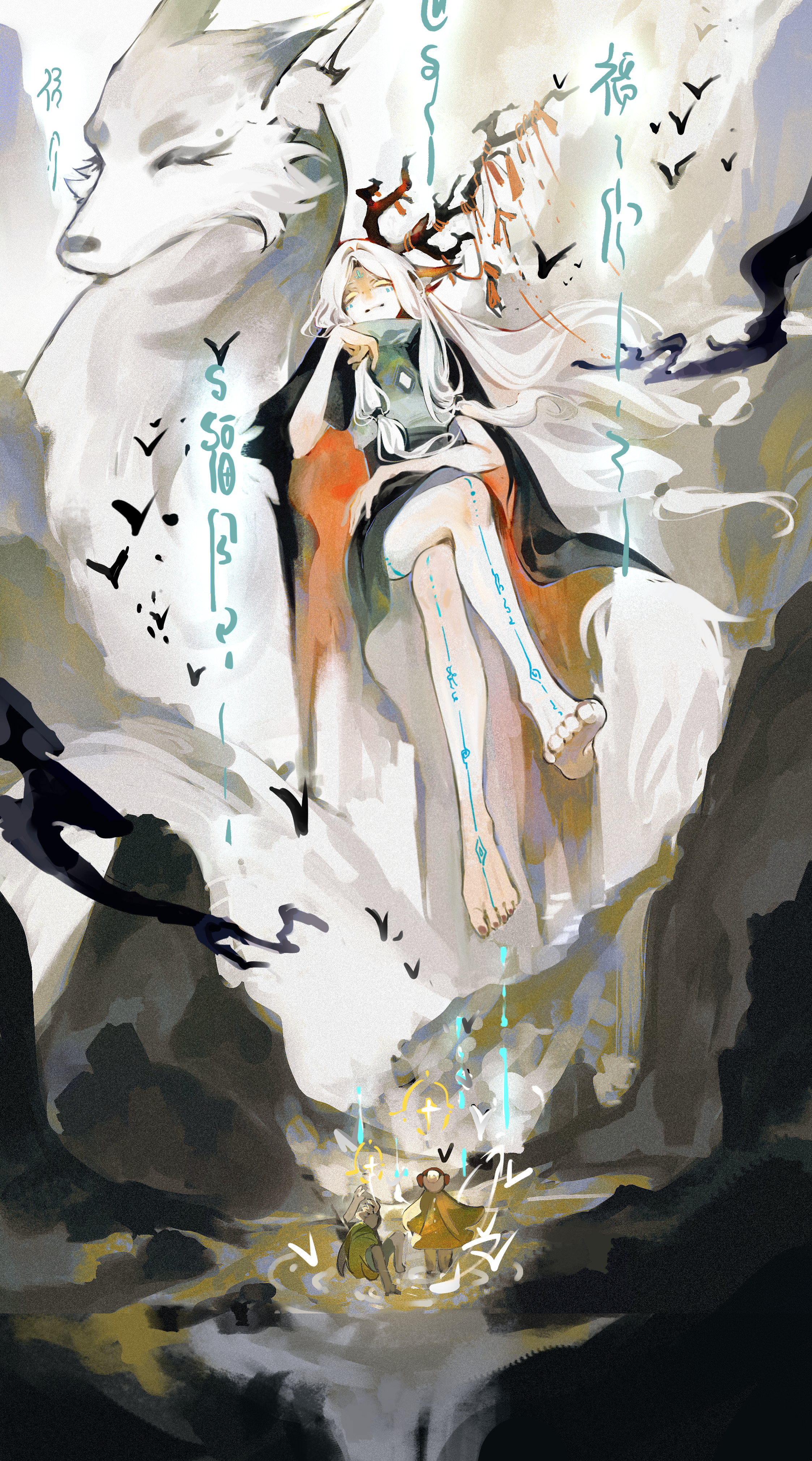 1girl absurdres animal bird black_bird black_cape branch cape closed_mouth dress facial_mark floating_hair hair_intakes highres leg_tattoo long_hair mountain nail_polish procreate_(medium) sitting sky:_children_of_the_light smile solo_focus tattoo teth_(sky:_children_of_the_light) toenail_polish toenails two-sided_cape two-sided_fabric wangjidemoe871 white_hair yellow_eyes