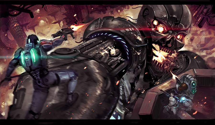 1girl 2boys armor black_hair blue_eyes bodysuit brown_hair choker commander_shepard epic giant glowing glowing_eyes gradient_background grunt gun latex latex_suit lips long_hair looking_at_viewer machine mass_effect_(series) mass_effect_2 miranda_lawson monster multiple_boys reaper red_eyes robot skin_tight weapon