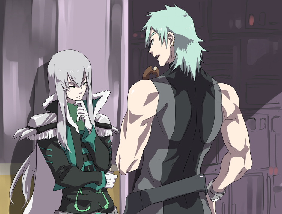00s 2boys bad_id bad_pixiv_id dendeko donut food fresh_precure! green_hair grey_hair hand_on_own_hip hip_focus long_hair male_focus minami_shun multiple_boys nishi_hayato precure shirt sleeveless sleeveless_shirt souler souler_(fresh_precure!) wester wester_(fresh_precure!)