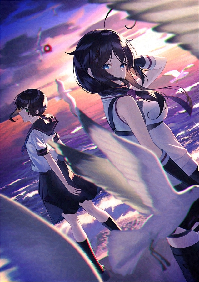2girls adjusting_hair ahoge backlighting bird black_gloves black_hair black_sailor_collar black_skirt black_socks blue_eyes blurry blurry_foreground braid chest_harness cloud dusk elbow_gloves fubuki_(kancolle) fubuki_kai_ni_(kancolle) gloves green_eyes hair_flaps harness kantai_collection kneehighs long_hair looking_at_viewer multiple_girls ocean outdoors ponytail sailor_collar school_uniform serafuku shigure_(kancolle) shigure_kai_san_(kancolle) shirt short_ponytail short_sleeves single_braid skirt sky sleeveless sleeveless_shirt socks standing standing_on_liquid unowen white_bird white_shirt wind