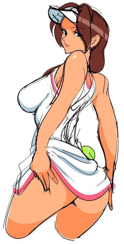 1girl ass blue_eyes breasts brown_hair female_focus large_breasts simple_background sketch solo sportswear tennis_uniform watatanza white_background