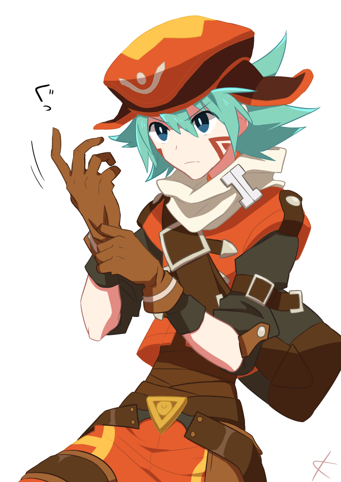 .hack// .hack//games 1boy adjusting_clothes adjusting_gloves belt belt_buckle black_shirt blue_eyes bright_pupils brown_bag brown_belt brown_gloves buckle commentary_request facial_mark frown gloves green_hair hat kanade_(unchi_knd280) kite_(.hack//) male_focus orange_hat orange_shorts orange_vest scarf shirt short_hair shorts signature sleeves_rolled_up solo spiked_hair vest white_pupils white_scarf
