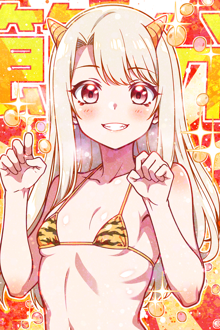 1girl arms_up bikini blonde_hair blush breasts collarbone cosplay fate/grand_order fate/kaleid_liner_prisma_illya fate_(series) flat_chest hanagata_kai horns illyasviel_von_einzbern light_blush long_hair lum lum_(cosplay) micro_bikini oni parted_bangs red_eyes ribs setsubun small_breasts smile solo swimsuit teeth upper_body