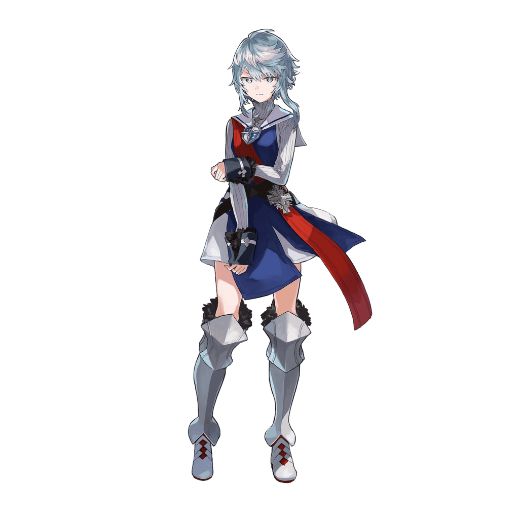 1girl arm_under_breasts armored_boots aster_tatariqus blue_dress boots camelot_academy_of_chivalry_school_uniform closed_mouth commentary_request dress full_body galahad_(aster_tatariqus) grey_boots grey_eyes grey_hair grey_sweater long_sleeves official_art sailor_collar school_uniform short_hair_with_long_locks simple_background solo standing sweater sweater_under_dress tachi-e third-party_source transparent_background turtleneck turtleneck_sweater v-shaped_eyebrows watarubou white_dress white_sailor_collar