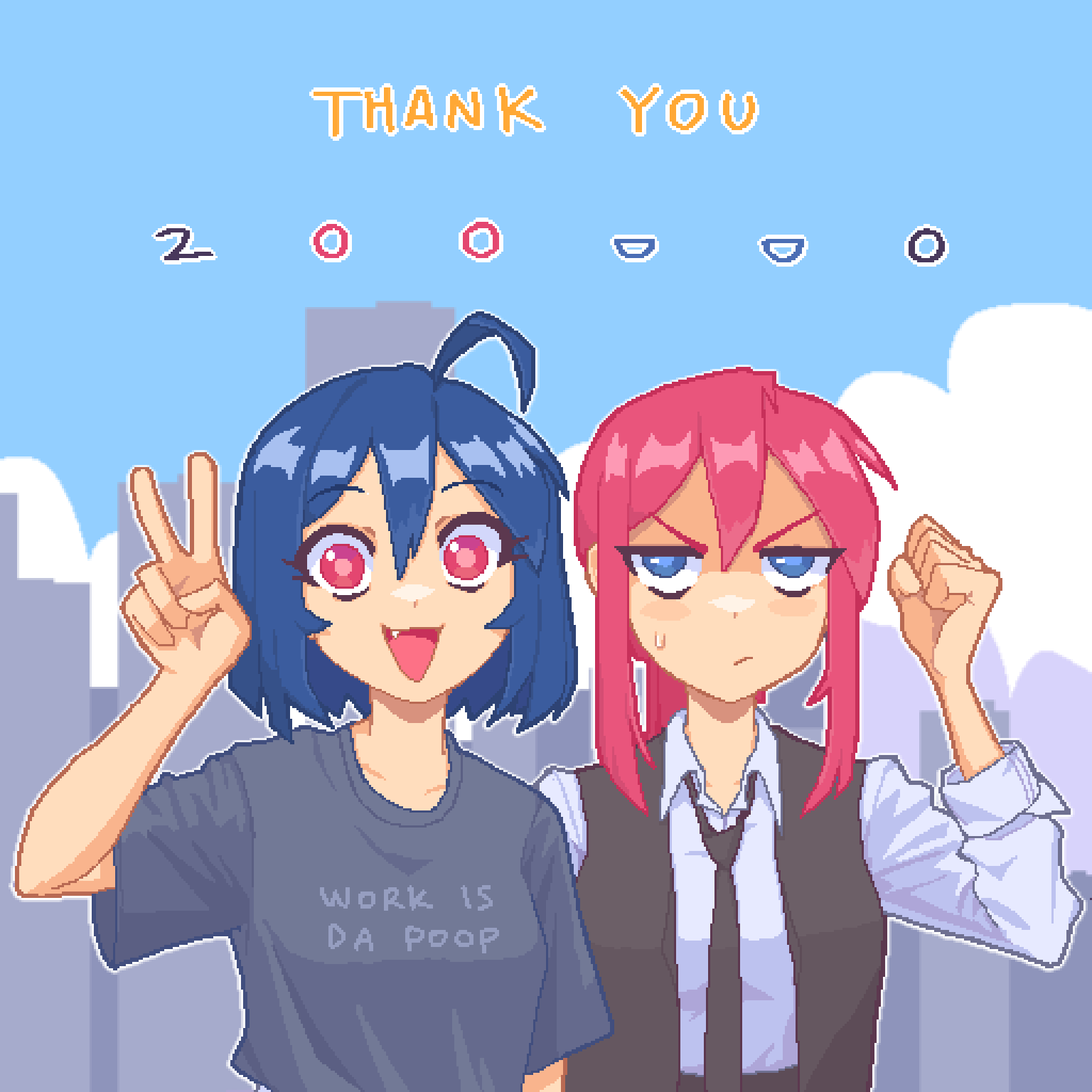 :d ahoge black_necktie black_vest blue_eyes blue_hair blue_sky closed_mouth collared_shirt commentary endless_monday:_dreams_and_deadlines english_commentary english_text fang grey_shirt hair_between_eyes hana_(hcnone) hand_up hcnone highres jitome long_sleeves looking_at_viewer milestone_celebration necktie open_mouth original pink_eyes pink_hair pixel_art pout print_shirt shirt sky skye_(hcnone) smile sweat thank_you upper_body v vest white_shirt