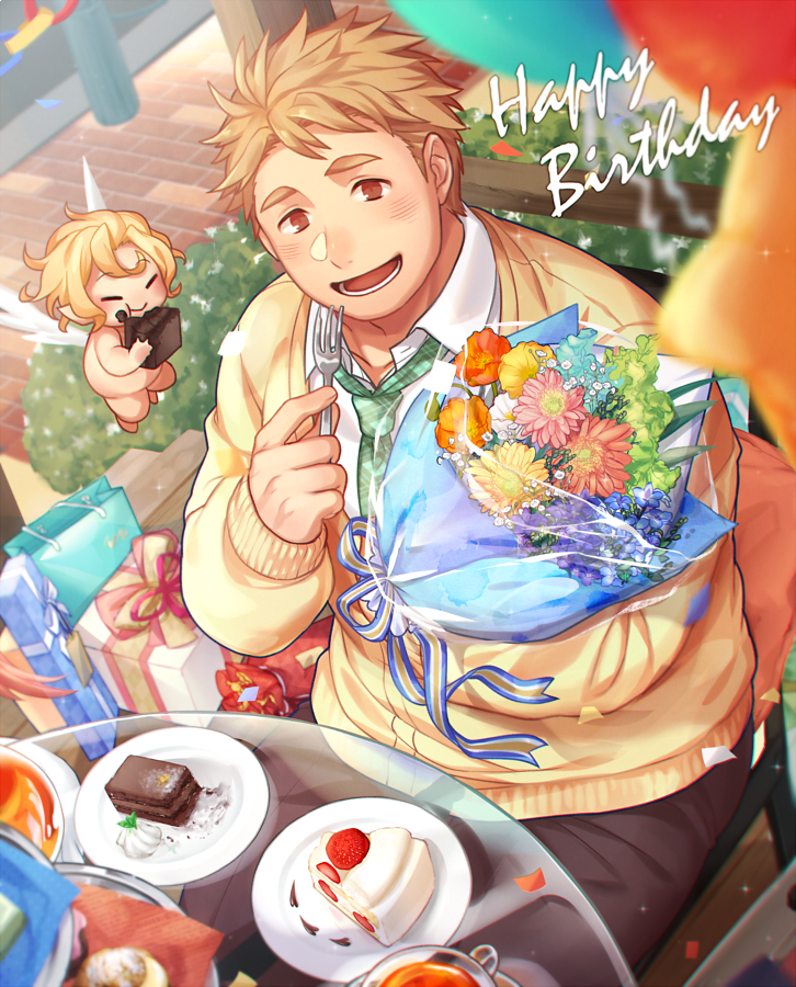 1boy blonde_hair bouquet brown_eyes brown_pants cake cherub cup cupid_(housamo) feathered_wings flower food fork gozu_farm green_necktie happy_birthday looking_at_viewer male_focus necktie pants shirt smile solo strawberry_shortcake tareme tennouji_shin&#039;ya tokyo_houkago_summoners upper_body white_shirt wings