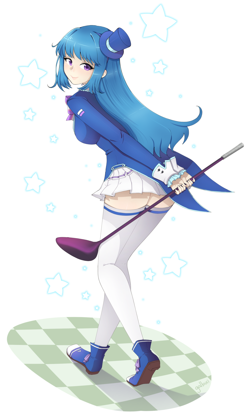 1girl arin blue_hair blue_hat blue_jacket blue_shoes breasts checkered_floor closed_mouth from_behind gallaxi golf_club hat highres holding holding_golf_club jacket large_breasts looking_at_viewer mini_hat mini_top_hat pangya pleated_skirt purple_eyes shoes sidelocks signature skirt smile solo star_(symbol) thighhighs thighs top_hat white_background white_skirt white_thighhighs