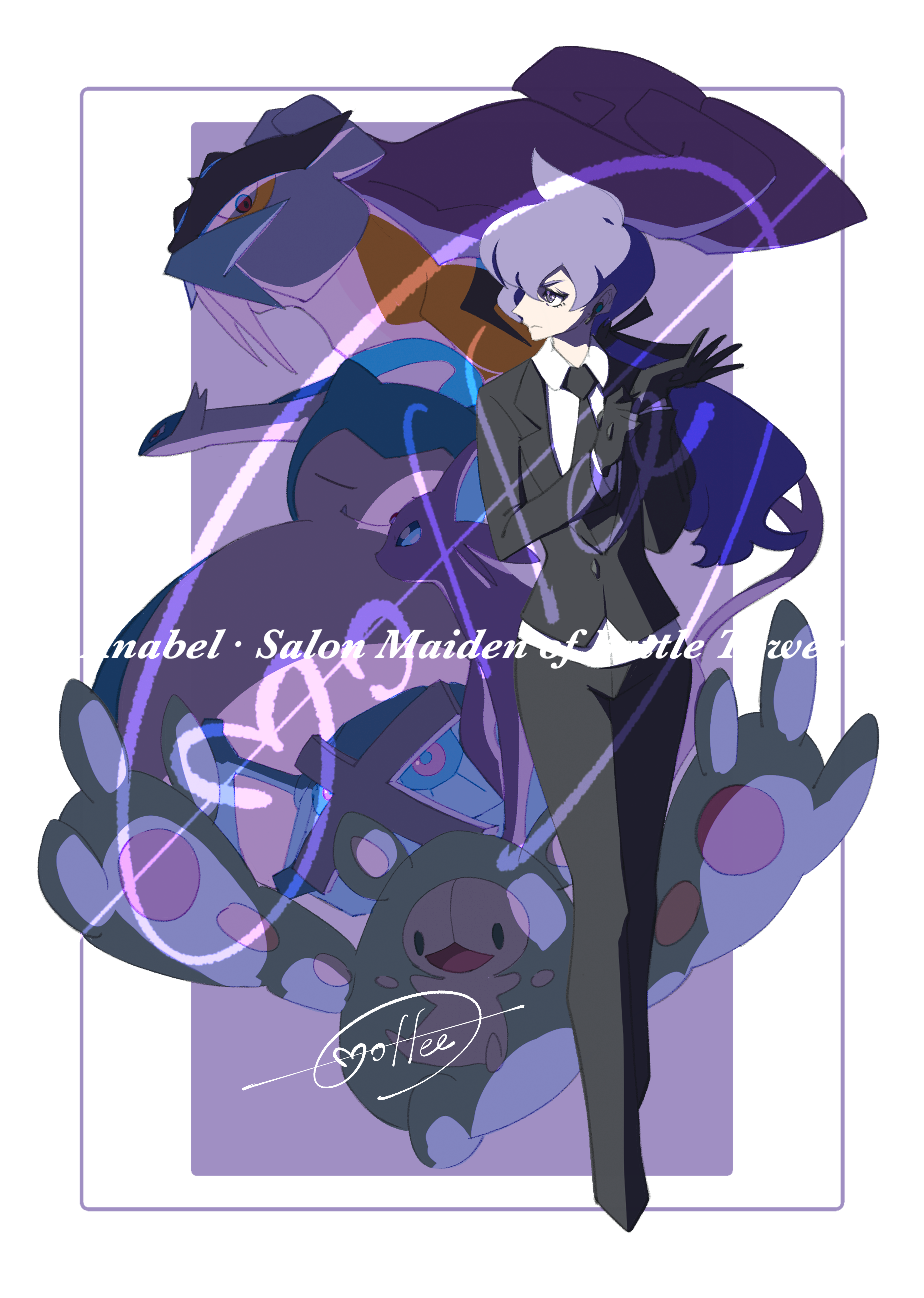 1girl absurdres adjusting_clothes adjusting_gloves anabel_(pokemon) black_gloves black_jacket black_necktie black_pants black_ribbon border buttons cccacademia character_name closed_mouth collared_shirt commentary_request earpiece espeon gen_1_pokemon gen_2_pokemon gen_3_pokemon gen_5_pokemon gloves hair_ribbon hands_up highres jacket latios legendary_pokemon long_hair long_sleeves looking_to_the_side metagross necktie nintendo pants pokemon pokemon_(creature) pokemon_sm purple_background purple_hair raikou reuniclus ribbon shirt signature snorlax white_border white_shirt