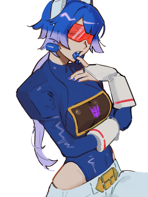 1girl blue_hair blue_leotard blue_nails blue_tongue breasts bridal_gauntlets colored_tips colored_tongue covered_navel cowboy_shot decepticon finger_to_mouth finger_to_tongue genderswap genderswap_(mtf) gloves half-closed_eyes hand_up hip_vent humanization juliet_sleeves leotard liowig long_sleeves looking_at_viewer low_ponytail multicolored_hair open_mouth pants ponytail puffy_sleeves red-tinted_eyewear red_visor robot_ears short_hair_with_long_locks solo soundwave_(transformers) sunglasses teeth tinted_eyewear tongue tongue_out transformers two-tone_hair upper_teeth_only white_gloves white_pants