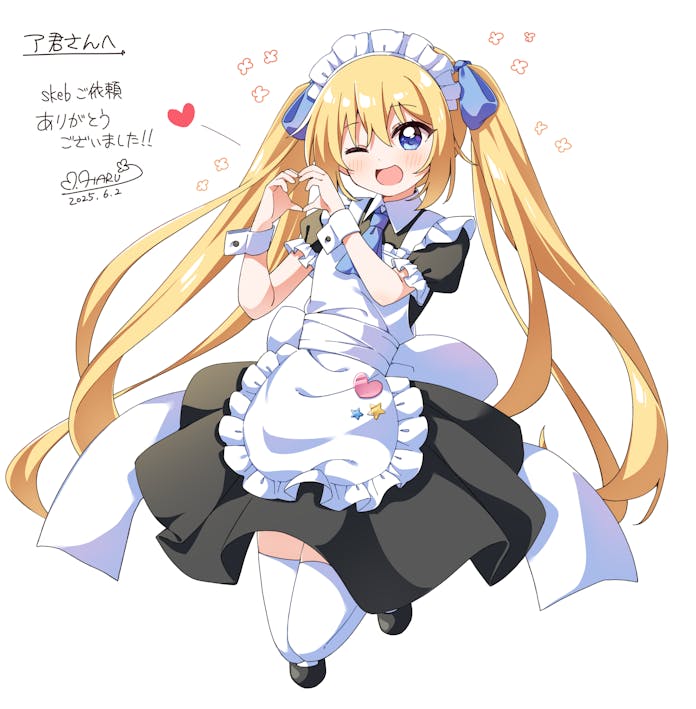 1girl ;d apron black_dress black_shoes blonde_hair blue_eyes blue_necktie blue_ribbon blush borrowed_character collared_dress commentary_request commission contrast_collar dress frilled_apron frilled_sleeves frills full_body hair_ribbon hands_up haru_(konomi_150) heart heart_hands long_hair looking_at_viewer maid maid_headdress necktie one_eye_closed open_mouth original ribbon shoes short_sleeves simple_background skeb_commission smile solo thighhighs translation_request twintails white_apron white_background white_thighhighs wrist_cuffs