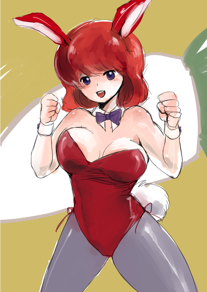 1girl animal_ears blue_eyes bow bowtie breasts brown_hair cleavage daicon daicon_bunny_girl daicon_iv daikon detached_collar fake_animal_ears female_focus large_breasts leotard open_mouth pantyhose playboy_bunny rabbit_ears rabbit_tail radish solo tail wrist_cuffs