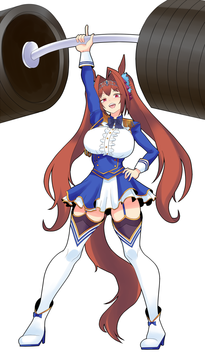 1girl animal_ears black_bow black_bowtie blue_jacket blush boots bow bowtie breasts brown_hair buttons center_frills commentary_request daiwa_scarlet_(umamusume) dateya_torahachi exercising frills full_body garter_straps hair_intakes highres horse_ears horse_girl horse_tail index_finger_raised jacket large_breasts long_hair long_sleeves looking_at_viewer open_mouth red_eyes shirt simple_background skirt smile solo strong tail thighhighs tiara umamusume very_long_hair weightlifting white_background white_boots white_shirt white_skirt white_thighhighs