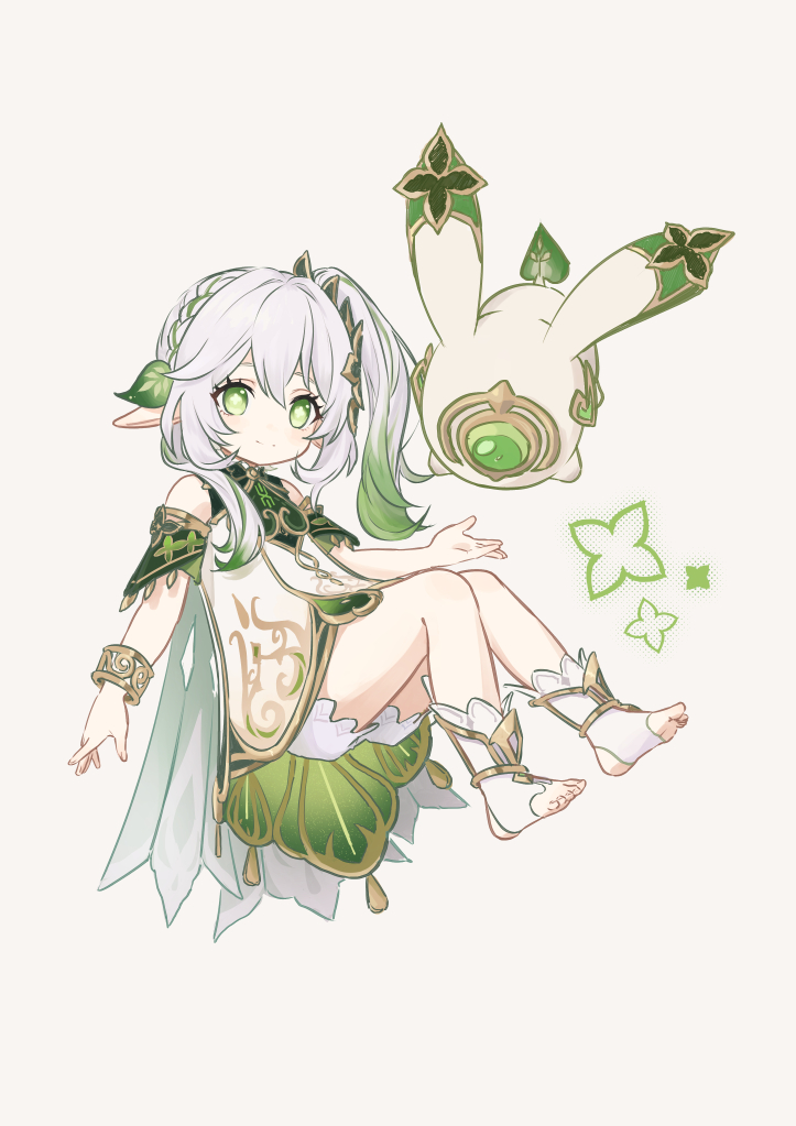1girl anklet bare_shoulders bloomers boots bracelet braid carotinoid001 closed_mouth cross-shaped_pupils detached_sleeves dress genshin_impact gold_trim gradient_hair green_dress green_eyes green_hair green_sleeves hair_ornament jewelry leaf_hair_ornament long_hair looking_at_viewer multicolored_hair nahida_(genshin_impact) neo_akasha_terminal pointy_ears short_sleeves sidelocks simple_background smile solo stirrup_footwear symbol-shaped_pupils two-sided_dress two-sided_fabric underwear white_background white_bloomers white_boots white_dress white_hair