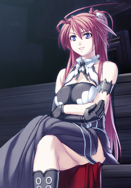 1girl asymmetrical_gloves black_dress black_footwear black_gloves black_ribbon blue_eyes breasts cleavage crossed_arms crossed_legs dress elbow_gloves game_cg gloves grin hair_between_eyes high_ponytail ignis_(jingai_makyou) indoors jingai_makyou large_breasts long_hair neck_ribbon nishii_(damnedrive) official_art ponytail red_hair ribbon side_slit sitting smile solo very_long_hair