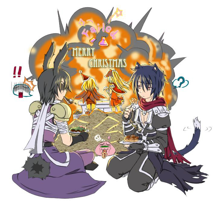 ! !! 2boys 2girls ? alchemist_(ragnarok_online) animal_ears armor assassin_(ragnarok_online) assassin_cross_(ragnarok_online) azlia bandages bandages_over_clothes black_cape black_gloves black_hair black_pants black_shirt blonde_hair cape cat_boy cat_ears cat_tail chinese_commentary christmas closed_mouth commentary_request creator_(ragnarok_online) eating erlenmeyer_flask explosion explosion_gag expressionless failure fingerless_gloves fire flask fork full_body gameplay_mechanics gloves holding holding_fork long_hair looking_at_another multiple_boys multiple_girls pants pauldrons poring purple_cape purple_pants purple_shirt rabbit_boy rabbit_ears rabbit_tail ragnarok_online red_cape red_scarf scarf seiza shirt short_hair shoulder_armor sitting sleeveless sleeveless_shirt spoken_question_mark surprised tail torn_cape torn_clothes torn_scarf vambraces waist_cape white_background yellow_eyes