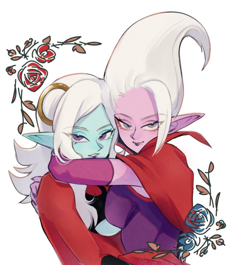 2girls blue_skin bodysuit cape colored_skin d_norainu_b demon_girl dr._arinsu dragon_ball dragon_ball_daima dragon_ball_online dragon_ball_xenoverse earrings female_focus grey_eyes hug jewelry long_hair multiple_girls pointy_ears potara_earrings purple_eyes purple_skin red_bodysuit red_cape simple_background towa_(dragon_ball) trait_connection upper_body white_background white_hair