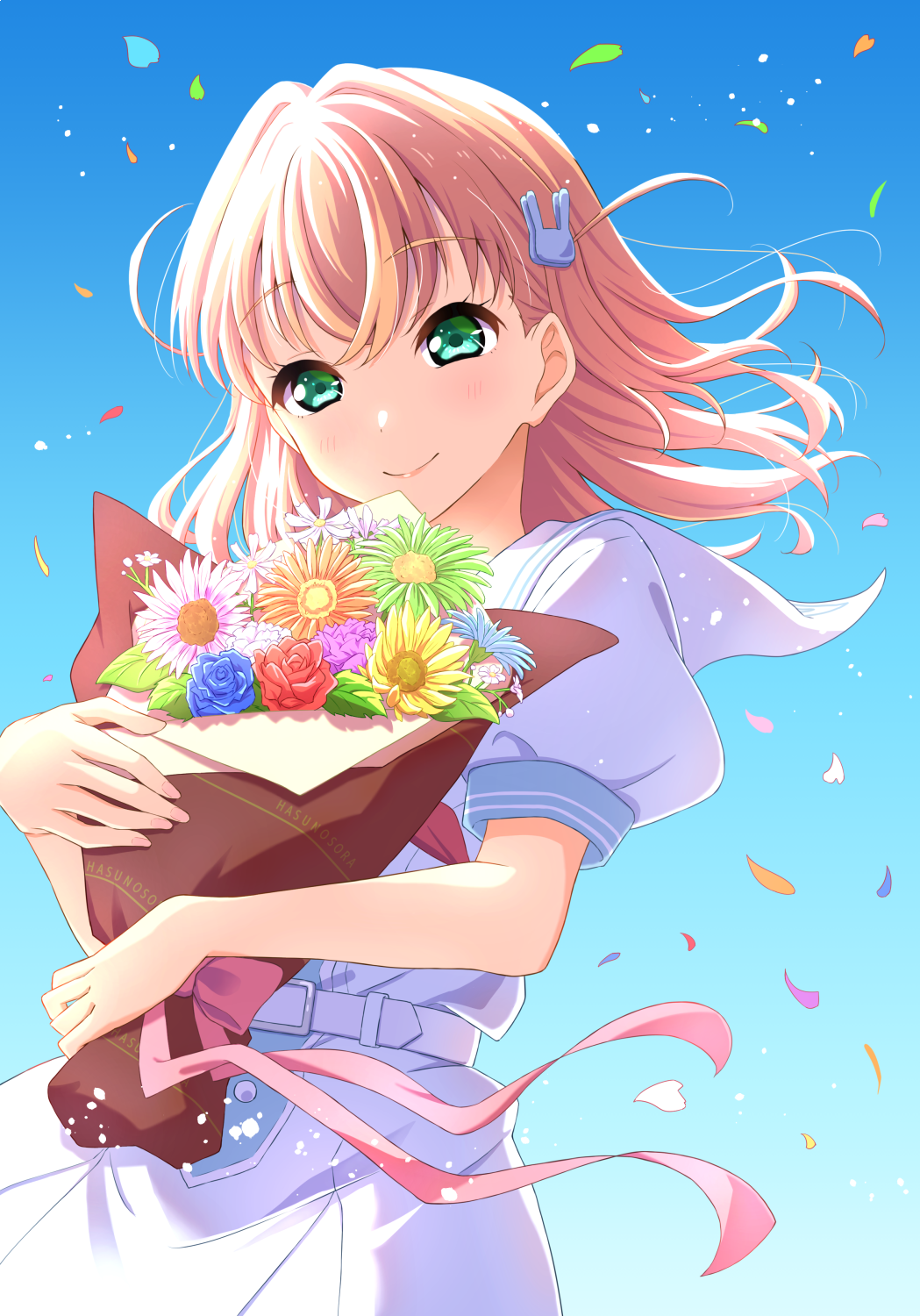 1girl aqua_eyes flower highres hinoshita_kaho link!_like!_love_live! looking_at_viewer love_live! outdoors qy73 short_sleeves smile solo