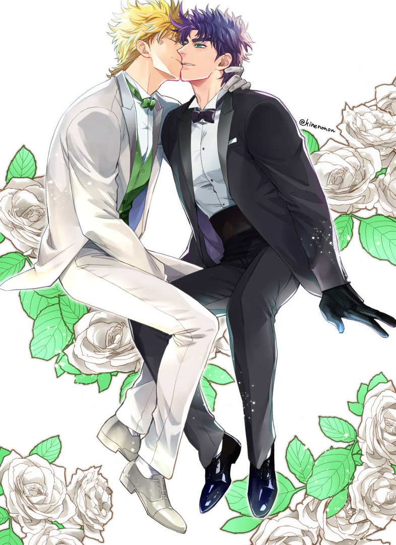 2boys alternate_costume aqua_eyes artist_name battle_tendency between_legs black_gloves black_jacket black_neckwear black_pants black_suit blonde_hair bow bowtie breast_pocket buttons caesar_anthonio_zeppeli closed_eyes collared_shirt commentary_request couple cummerbund dress_shirt dress_shoes eyebrows_hidden_by_hair facial_mark facing_another flower formal_clothes full_body gloves green_neckwear green_vest hand_between_legs hand_on_another&#039;s_neck husband_and_husband invisible_chair jacket jojo_no_kimyou_na_bouken joseph_joestar joseph_joestar_(young) kine_(warabi_mk501) kiss kissing_cheek lapels leaning male_focus multiple_boys no_headband pants pocket pocket_square profile purple_hair rose shirt short_hair sitting smile socks suit suit_jacket tuxedo twitter_username vest waistcoat wedding white_background white_flower white_gloves white_jacket white_legwear white_pants white_rose white_shirt white_suit wing_collar yaoi