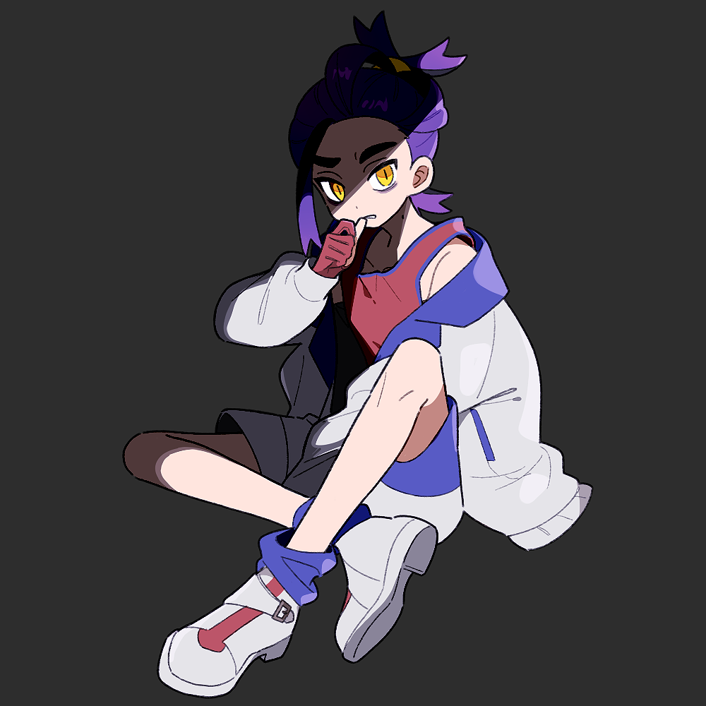 1202_koge 1boy bags_under_eyes biting biting_own_thumb black_background black_hair blue_socks full_body gloves jacket kieran_(pokemon) long_sleeves looking_at_viewer male_focus mole mole_on_neck multicolored_hair nintendo off_shoulder open_clothes open_jacket orange_eyes partially_fingerless_gloves pokemon pokemon_sv purple_hair red_gloves red_tank_top shoes shorts simple_background sitting socks solo tank_top white_shoes white_shorts yellow_eyes