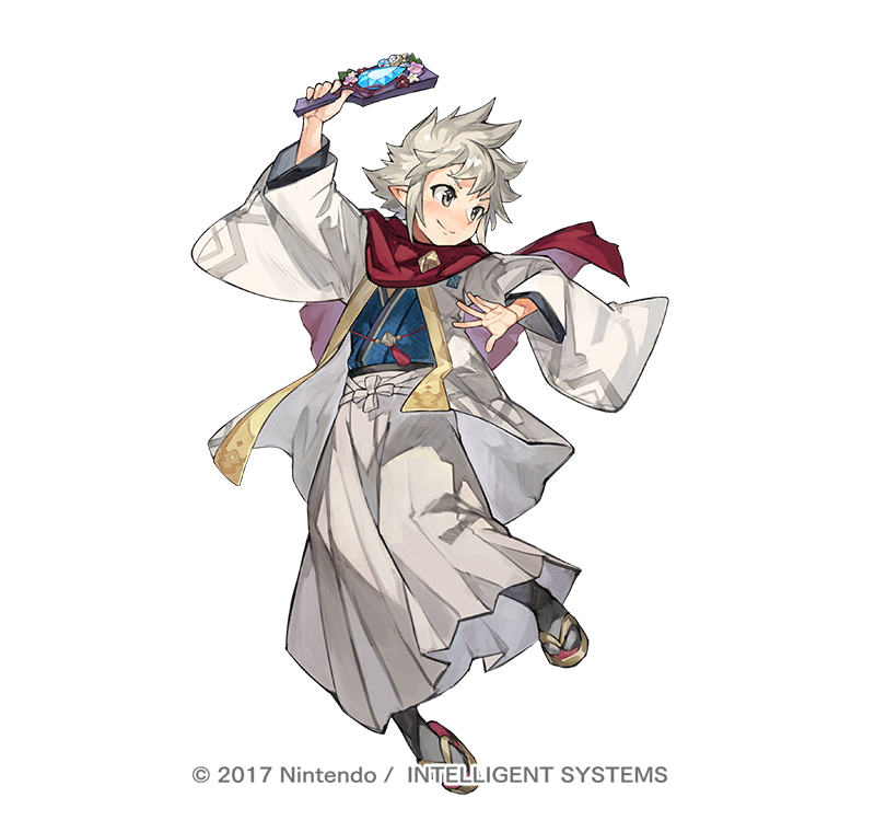 1boy copyright_notice dragonstone envelope fire_emblem fire_emblem_fates fire_emblem_heroes full_body grey_eyes hagoita holding holding_envelope japanese_clothes kana_(fire_emblem) kana_(male)_(fire_emblem) kana_(male)_(rising_dragon)_(fire_emblem) kimono looking_at_viewer male_focus nintendo official_alternate_costume official_art open_mouth paddle scarf simple_background smile solo spiked_hair tapioka_chaso white_background white_hair