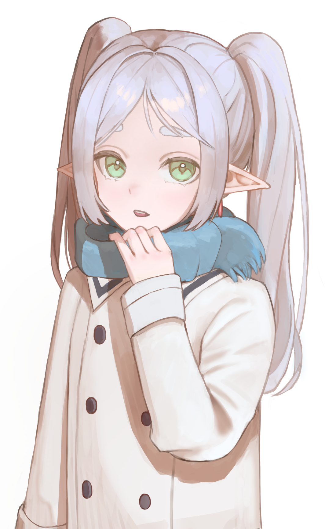 1girl blue_scarf buttons coat elf frieren green_eyes grey_eyebrows grey_hair highres hiiasd1 looking_at_viewer open_mouth pointy_ears scarf simple_background solo sousou_no_frieren teeth twintails upper_body upper_teeth_only white_background white_coat