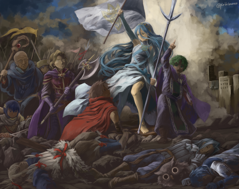 1girl 6+boys alfonse_(fire_emblem) anklet armor axe azura_(fire_emblem) barefoot blonde_hair blue_hair cape chrom_(fire_emblem) death donnel_(fire_emblem) dress feh_(fire_emblem_heroes) fine_art_parody fire_emblem fire_emblem:_mystery_of_the_emblem fire_emblem:_the_binding_blade fire_emblem:_the_blazing_blade fire_emblem_awakening fire_emblem_fates fire_emblem_heroes flag green_hair holding holding_weapon jewelry liberty_leading_the_people long_hair lying matthew_(fire_emblem) merric_(fire_emblem) multiple_boys narcian_(fire_emblem) nintendo parody pirihiba polearm raigh_(fire_emblem) scale_armor staff sword takumi_(fire_emblem) virion_(fire_emblem) weapon wrys_(fire_emblem)
