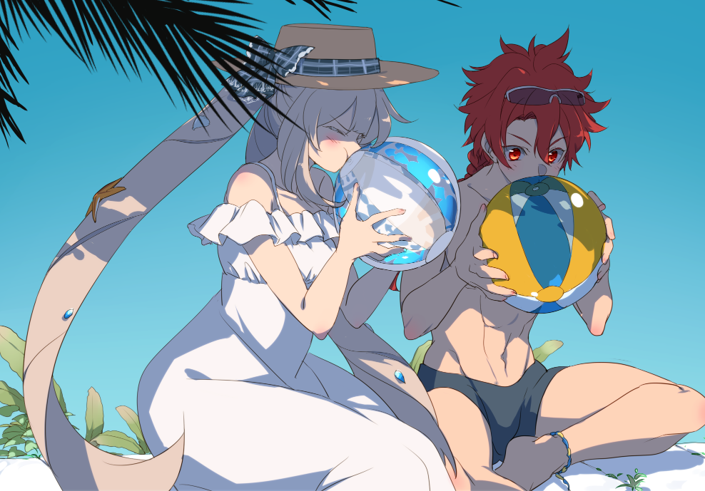 1boy 1girl abs alexander_(chaldea_beach_volleyball)_(fate) alexander_(fate) anklet ball bare_shoulders beachball blowing closed_eyes collarbone day dress echo_(circa) eyewear_on_head fate/grand_order fate_(series) grey_hair hat inflating jewelry male_swimwear marie_antoinette_(fate) marie_antoinette_(swimsuit_caster)_(second_ascension)_(fate) navel outdoors palm_tree puffy_cheeks red_eyes red_hair sky sun_hat sunglasses swim_briefs tree twintails