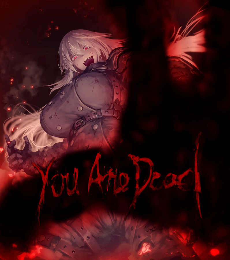 1girl against_fourth_wall armor belt black_background black_jacket black_pants blood blood_on_clothes blood_on_face blood_on_hands breasts buttons commission cowboy_shot dated_commentary english_text fire from_below gauntlets hair_between_eyes hetza_(hellshock) jacket large_breasts long_hair long_sleeves looking_at_viewer open_mouth original pants reaching reaching_towards_viewer red_eyes sanpaku shoulder_armor skeb_commission smile smoke solo teeth underbust upper_teeth_only white_hair