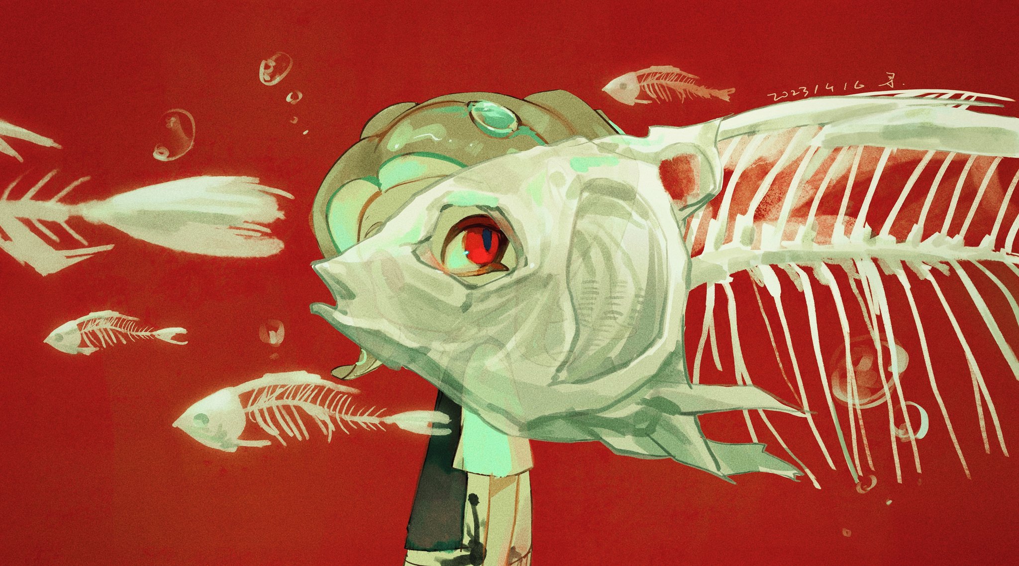 1girl apron black_apron bubble character_request check_character chinese_commentary commentary_request dated fish_skeleton highres ink_splatter long_eyelashes looking_at_viewer nintendo octoling octoling_girl octoling_player_character red_background red_eyes sanyue_xun shirt short_hair short_sleeves signature slit_pupils solo splatoon_(series) splatoon_3 tentacle_hair upper_body white_hair white_shirt