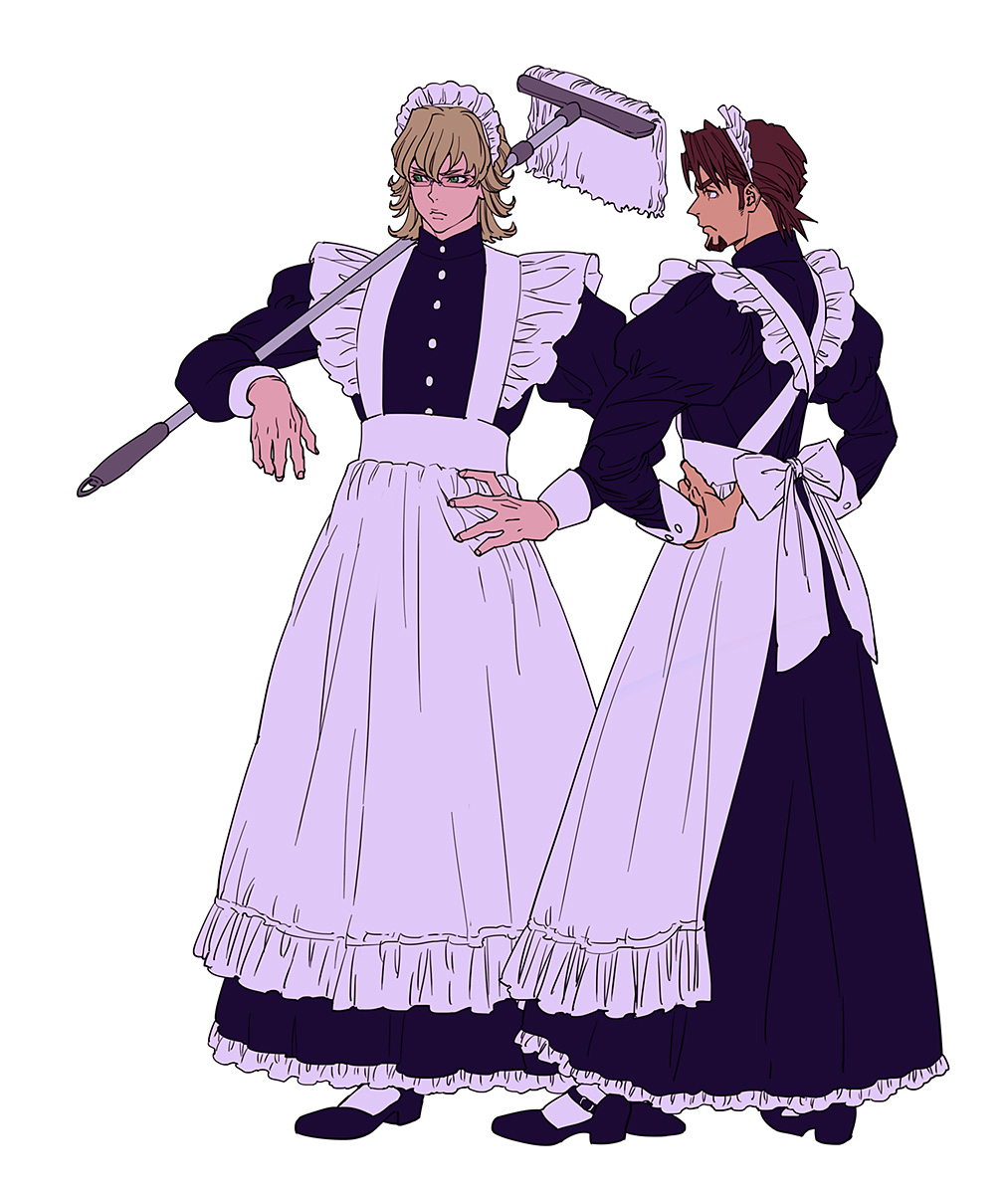 2boys :/ apron arm_up back_bow barnaby_brooks_jr. black_footwear blonde_hair bow brown_hair buttoned_cuffs buttons closed_mouth collared_dress commentary crossdressing dark-skinned_male dark_skin dress facial_hair frilled_dress frilled_sleeves frills frown full_body glasses goatee green_eyes hands_on_own_hips highres holding holding_mop juliet_sleeves kaburagi_t._kotetsu long_sleeves looking_ahead looking_to_the_side maid maid_apron maid_headdress male_focus mamemo_(daifuku_mame) mary_janes mop multiple_boys puffy_sleeves rimless_eyewear shoes sideways_glance simple_background sleeve_cuffs socks tiger_&amp;_bunny white_background white_bow white_socks