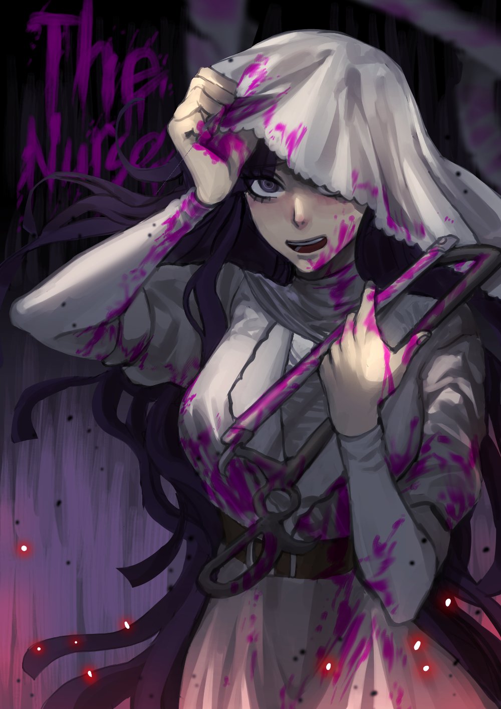 1girl black_hair blood blood_on_clothes blood_on_face bonesaw breasts character_name commentary_request cosplay cowboy_shot danganronpa_(series) danganronpa_2:_goodbye_despair doggye_(zginrwsn) hacksaw hands_up highres holding holding_weapon knife large_breasts long_hair long_sleeves looking_at_viewer nurse one_eye_covered open_mouth pink_blood purple_eyes purple_hair saw smile solo teeth the_nurse_(dead_by_daylight) the_nurse_(dead_by_daylight)_(cosplay) tsumiki_mikan upper_teeth_only very_long_hair weapon