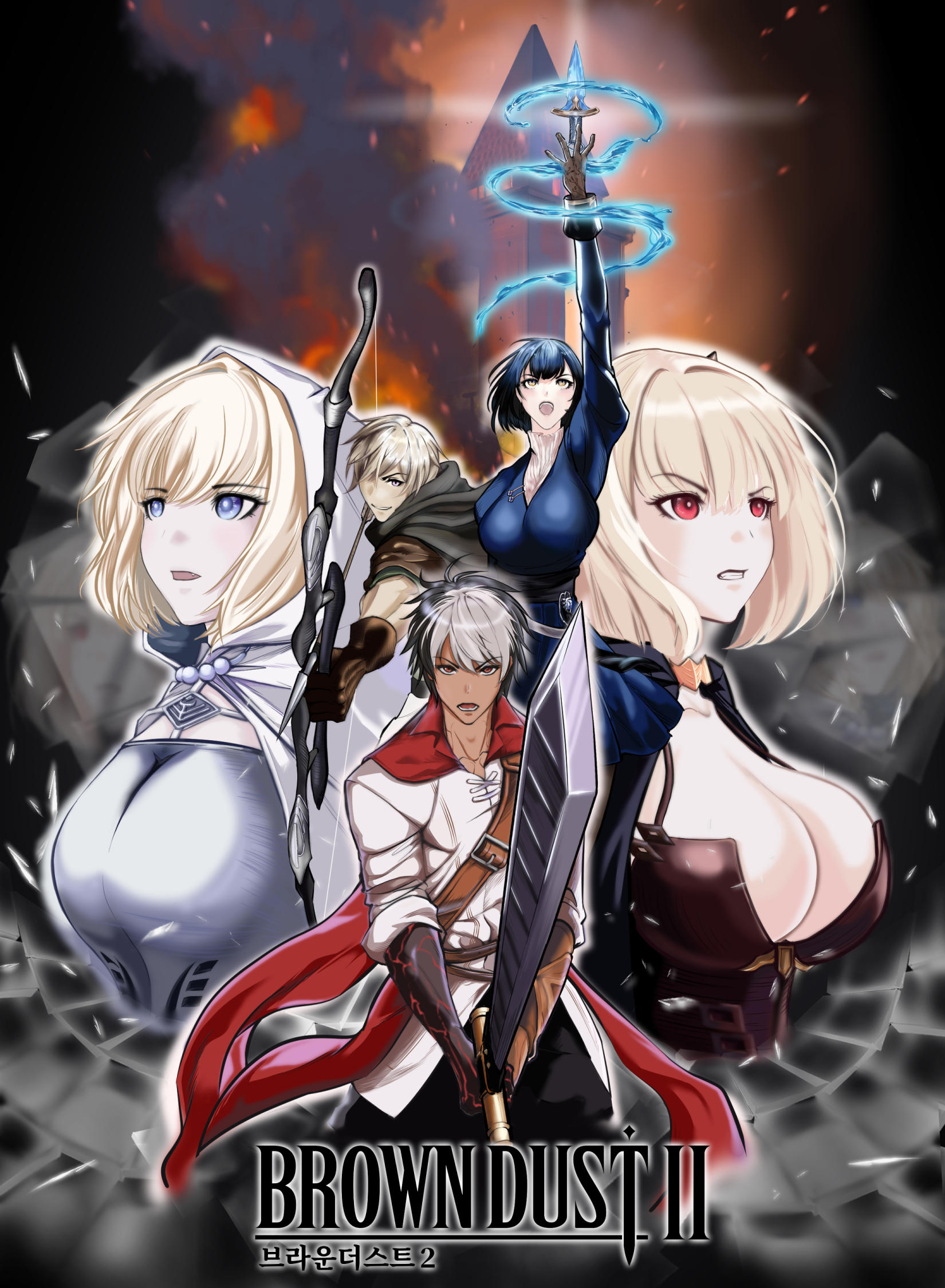 2boys 2girls arm_up black_dress black_hair black_pants blonde_hair blue_dress blue_eyes bow_(weapon) breasts brown_dust_(series) brown_dust_2 brown_gloves castle chest_armor cleavage cloak closed_mouth copyright_name cropped_torso dagger demon_horns dress fire gloves glowing glowing_weapon gray_(brown_dust) green_cloak grin hair_between_eyes highres hm999 holding holding_bow_(weapon) holding_dagger holding_knife holding_sword holding_weapon hood hooded_cloak horns hydrokinesis justia_(blood_glutton)_(brown_dust) justia_(brown_dust) knife large_breasts lathel_(brown_dust) looking_at_viewer looking_to_the_side multicolored_hair multiple_boys multiple_girls multiple_views open_mouth pants red_eyes scheherazade_(brown_dust) scheherazade_(the_lapis_witch)_(brown_dust) shirt small_horns smile smoke sword teeth two-tone_hair water weapon white_cloak white_hair white_shirt