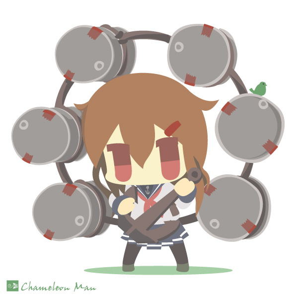 10s 1girl anchor anchor_symbol artist_name bad_id bad_pixiv_id barrel bird brown_hair chameleon_man_(three) chibi drum_(container) female_focus flat_color hair_ornament hairclip ikazuchi_(kancolle) kantai_collection name_connection no_lineart pantyhose raijin_(mythology) red_eyes school_uniform serafuku short_hair solo