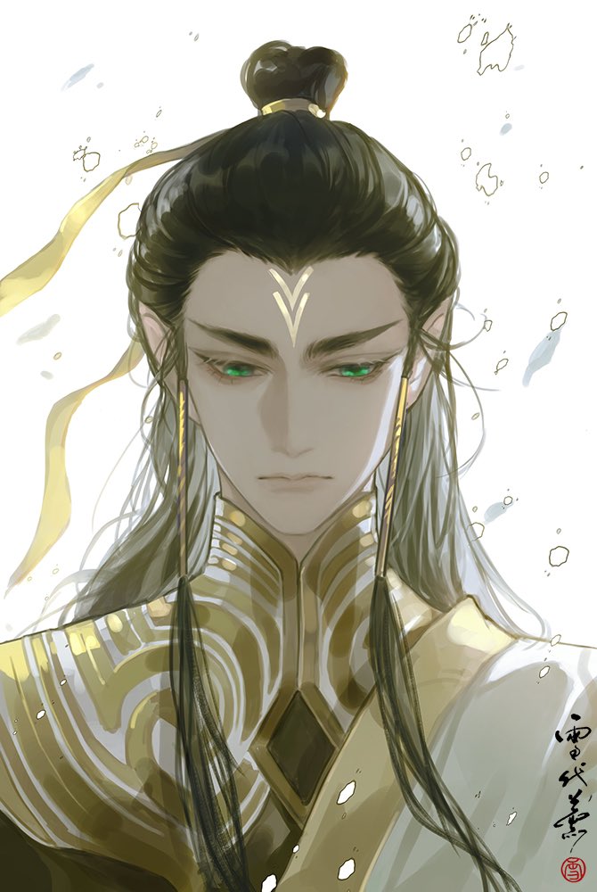 1boy black_hair chinese_clothes closed_mouth facial_mark forehead_mark green_eyes hair_bun hair_ribbon hanfu long_hair looking_down low-tied_sidelocks lutong_(nezha_zhi_motong_jiangshi) male_focus nezha_zhi_motong_jiangshi pointy_ears ribbon sidelocks solo thick_eyebrows topknot upper_body white_background white_hanfu xuedaixun yellow_ribbon
