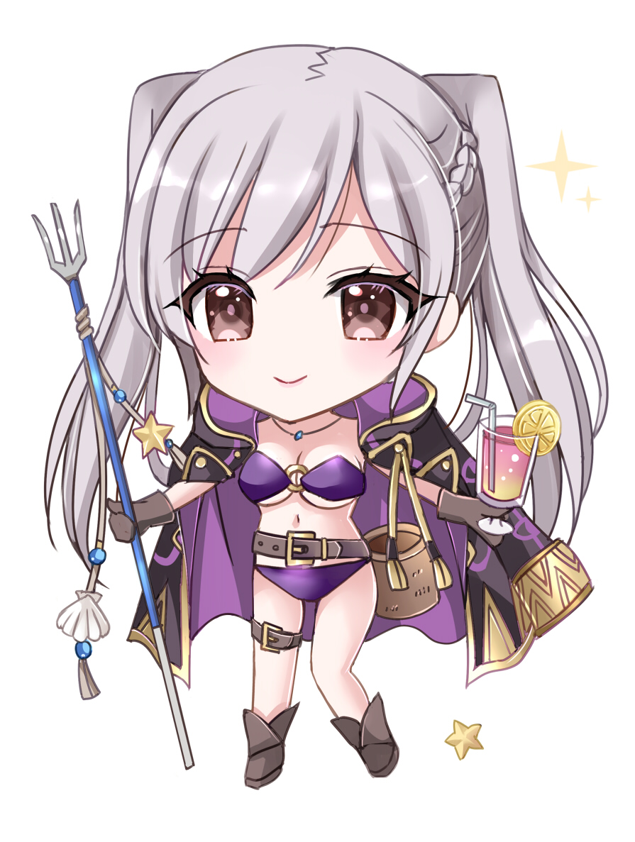 1girl belt big_head bikini blush breasts brown_eyes brown_gloves chibi cleavage closed_mouth cup drink female_robin_(fire_emblem) female_robin_(seaside_tactician)_(fire_emblem) fire_emblem fire_emblem_awakening fire_emblem_heroes gloves holding holding_cup jewelry kirishima_riona long_hair looking_at_viewer medium_breasts navel necklace nintendo o-ring o-ring_bikini o-ring_top official_alternate_costume polearm purple_bikini robe smile solo starfish swimsuit trident twintails weapon white_hair