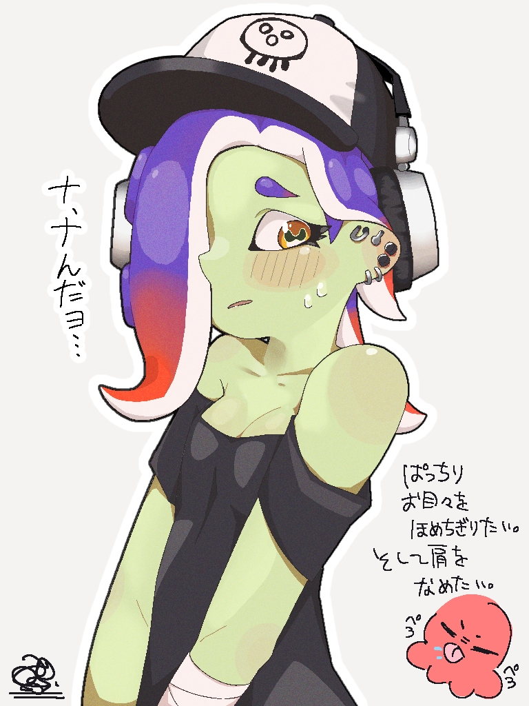 1girl asymmetrical_hair aycib bandaged_arm bandages bare_shoulders black_shirt blue_hair blush breasts brown_eyes cleavage colored_skin commentary_request dedf1sh ear_piercing earrings eyelashes gradient_hair green_skin grey_background hair_over_one_eye hat headphones_over_headwear jewelry multicolored_hair nintendo octoling outline piercing red_hair sanitized_(splatoon) shirt short_sleeves simple_background solo splatoon_(series) sweat translation_request upper_body white_outline