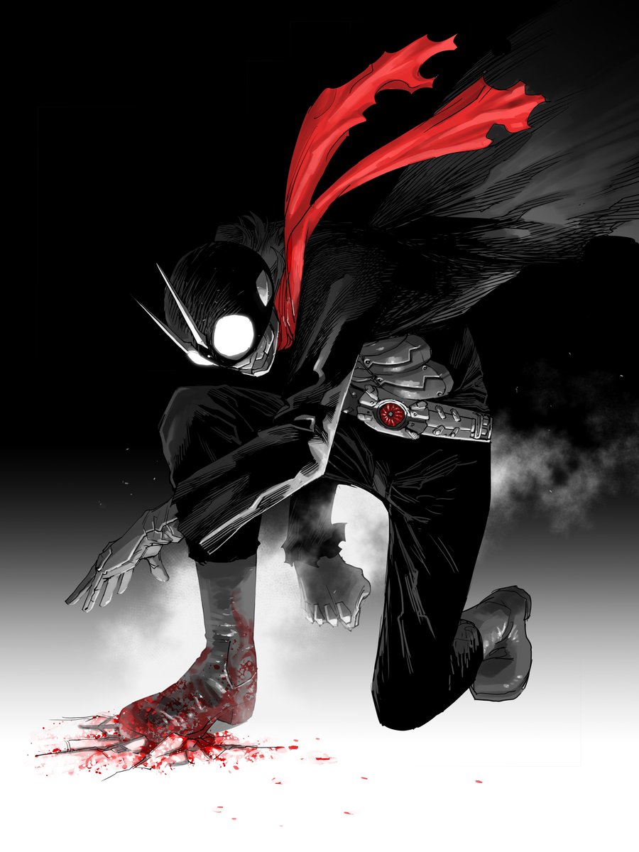 1boy armor black_background blood blood_on_shoes blood_splatter boots clenched_hand cyborg gloves highres kamen_rider kamen_rider_1 kamen_rider_1_(shin) kamen_rider_1_(shin_kamen_rider) landing male_focus manabu_yashiro on_one_knee open_hand red_scarf scarf shin_kamen_rider spot_color superhero_landing two-tone_background typhoon_(shin_kamen_rider) white_background white_eyes