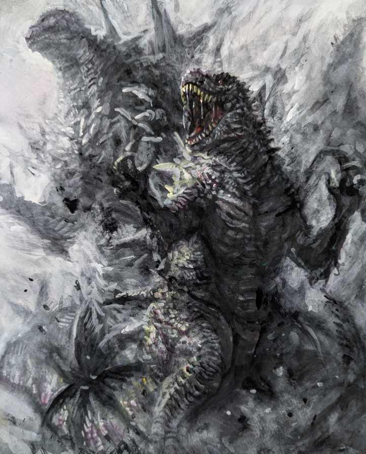 before_and_after dinosaur g.n.a giant giant_monster godzilla godzilla_(minus_one) godzilla_(series) godzilla_minus_one kaiju monster monster_focus monsterification no_humans open_mouth saliva sea_monster sharp_teeth spikes teeth toho transformation