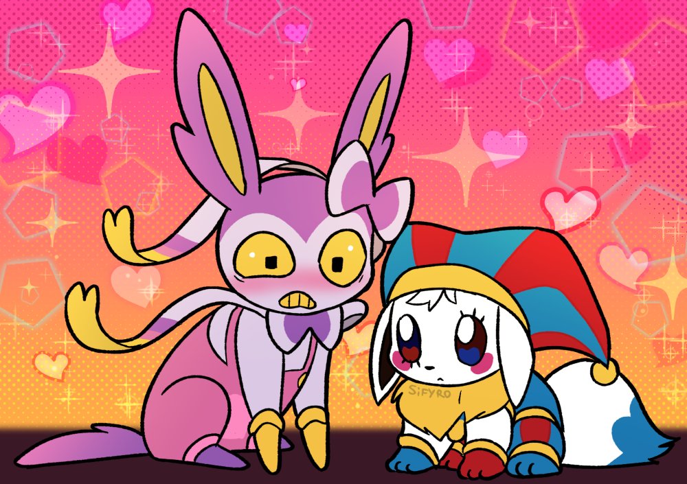 1boy :&lt; animal_ears animal_focus artist_name blush bodypaint brown_hair cosplay eevee expressionless gen_1_pokemon gen_6_pokemon glitch_productions hat heart jax_(the_amazing_digital_circus) jax_(the_amazing_digital_circus)_(cosplay) jester_cap nervous nintendo pokemon pokemon_(creature) pomni_(the_amazing_digital_circus) pomni_(the_amazing_digital_circus)_(cosplay) shaded_face short_hair sifyro standing surprised sylveon tail the_amazing_digital_circus