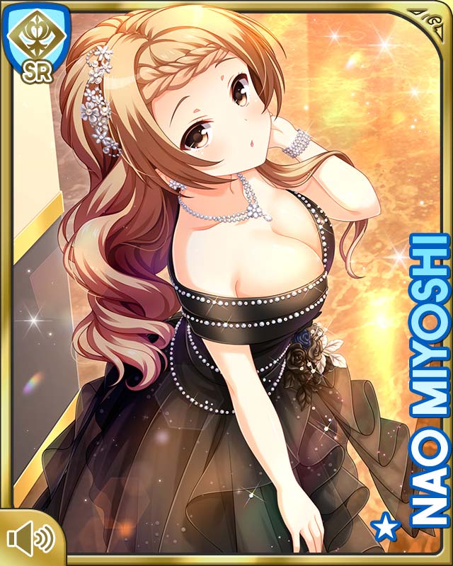 1girl :o bare_arms black_dress braid breasts brown_eyes brown_hair card_medium) character_name cleavage dress girlfriend_(kari) indoors jewelry long_hair mansion miyoshi_nao night official_art open_mouth qp:flapper solo standing tagme