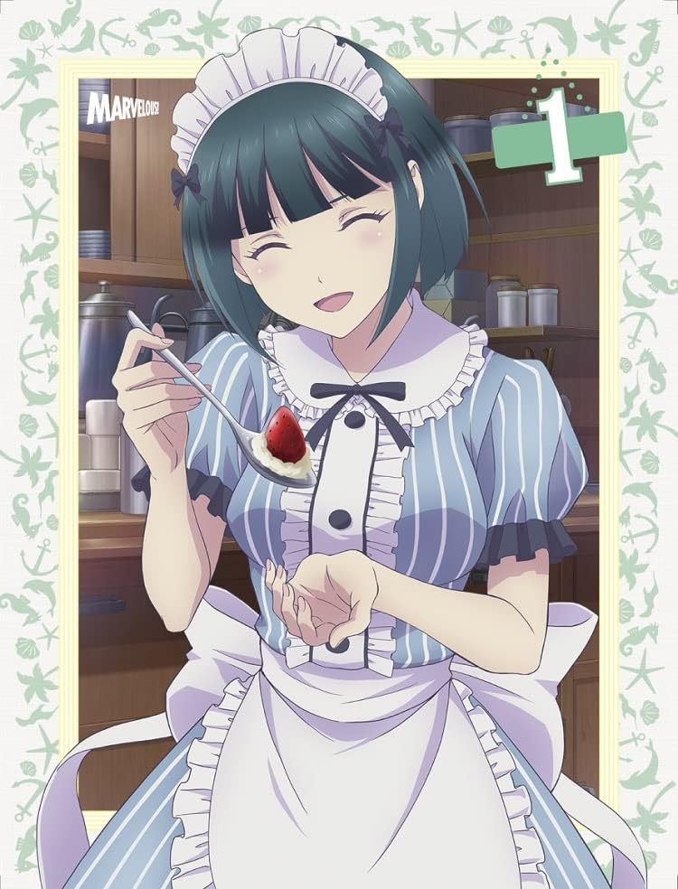 1girl ^_^ anime_coloring apron aqua_dress back_ribbon black_ribbon blu-ray_cover blunt_bangs blush bob_cut border breasts center_frills closed_eyes coffee_pot cover dress facing_viewer familia_uniform food frilled_apron frilled_dress frilled_shirt_collar frilled_sleeves frills green_hair hair_ribbon hand_up head_tilt holding holding_food holding_ice_cream_scoop ice_cream_spoon incoming_food maid maid_headdress marvelous medium_breasts megami_no_cafe_terrace neck_ribbon noguchi_masatsune numbered official_art ono_shiragiku open_mouth outside_border outstretched_hand plate plate_stack puffy_short_sleeves puffy_sleeves ribbon rounded_collar shelf short_sleeves solo spoon standing striped_clothes striped_dress third-party_source vertical-striped_clothes vertical-striped_dress waist_apron white_apron white_headdress white_ribbon