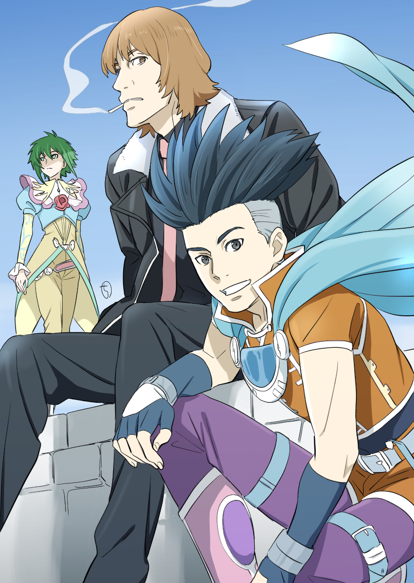 1girl 2boys asellus_(saga_frontier) brown_hair cape cigarette closed_mouth fingerless_gloves flower fuse_(saga_frontier) gloves green_hair kobayashi_chizuru looking_at_viewer multiple_boys red_(saga_frontier) red_flower red_rose rose saga saga_frontier short_hair smile smoking
