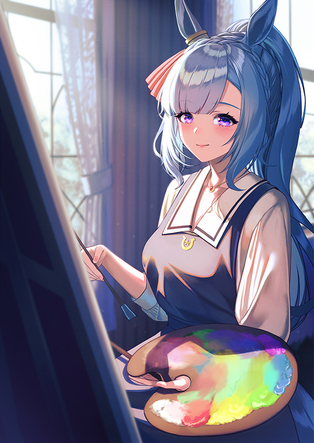 1girl alternate_costume animal_ears blue_hair breasts canvas_(object) color_guide dress holding holding_paintbrush horse_ears horse_girl horseshoe_ornament indoors jewelry long_hair long_sleeves medium_breasts mejiro_ardan_(umamusume) necklace paintbrush painting_(action) ponytail purple_eyes solo umamusume unowen window