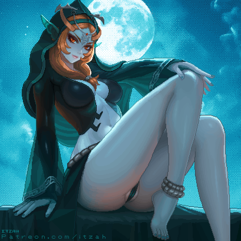1girl anklet barefoot breasts colored_sclera facial_mark forehead_mark full_moon grey_nails headdress itzah jewelry lips looking_at_viewer medium_breasts medium_hair midna midna_(true) moon nail_polish navel nintendo partially_visible_vulva pixel_art pointy_ears red_eyes sitting smile solo the_legend_of_zelda the_legend_of_zelda:_twilight_princess