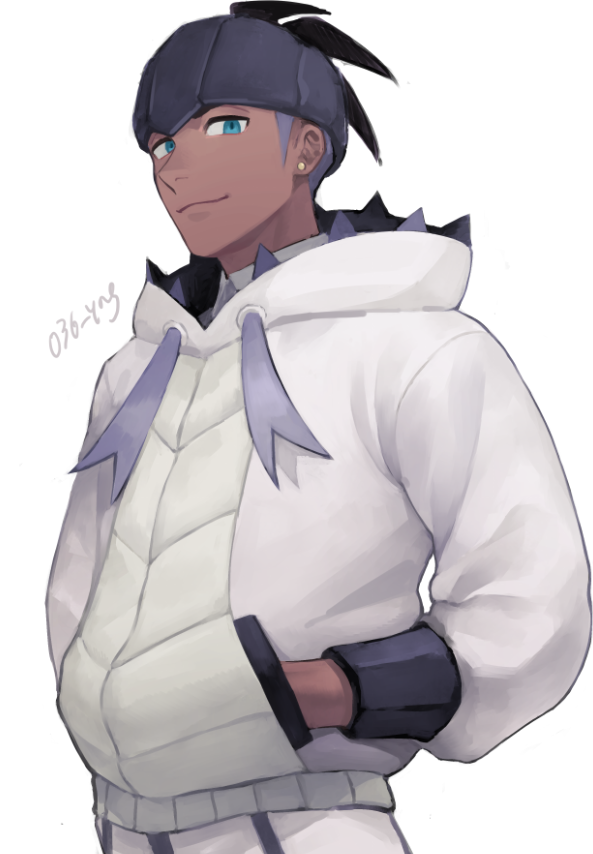 1boy black_hair closed_mouth commentary_request dark-skinned_male dark_skin earrings green_eyes hand_in_pocket headband hood hood_down hoodie jewelry looking_at_viewer male_focus nintendo official_alternate_color pokemon pokemon_masters_ex raihan_(pokemon) short_hair shorts signature smile solo tassel undercut white_background white_hoodie white_shorts y_(036_yng)
